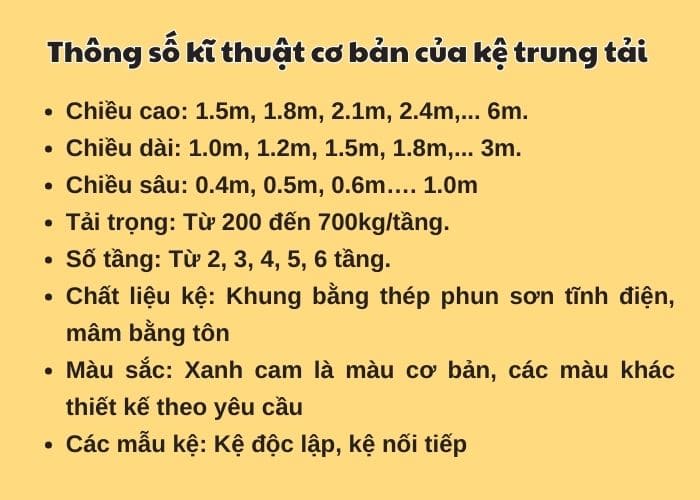 Thông số tiêu chuẩn của kệ trung tải Bình Dương