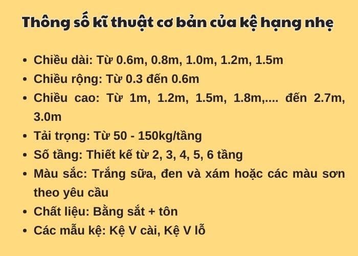 Thông số kỹ thuật của kệ hạng nhẹ 